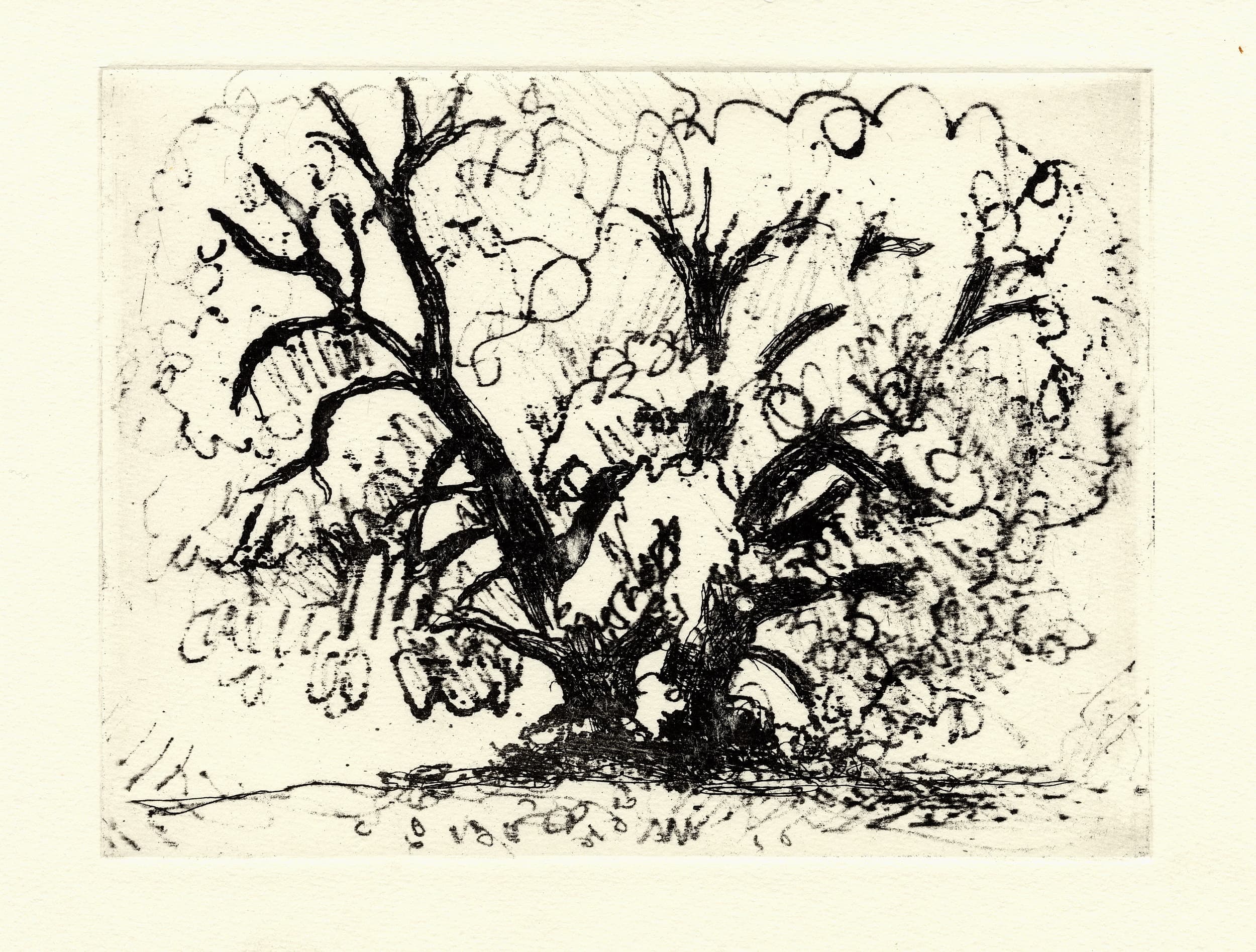 Gunter Langer, Baum in der Landschaft, 2011, Vernis mou (Druckgrafik), Büttenpapier, 15 x 20 cm